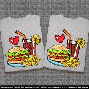Комплект тениски за Двойки за Лятото с Бургер Пържени Картофки и Кола
