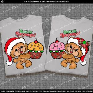 Весели Коледни тениски за Нея и Него - Мече с Коледни Мъфини и надпис Весели Празници