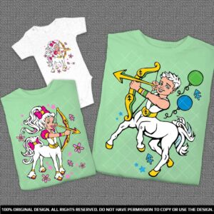 Практичен подарък еднакви тениски с кентавър тате и момиченце в бяло