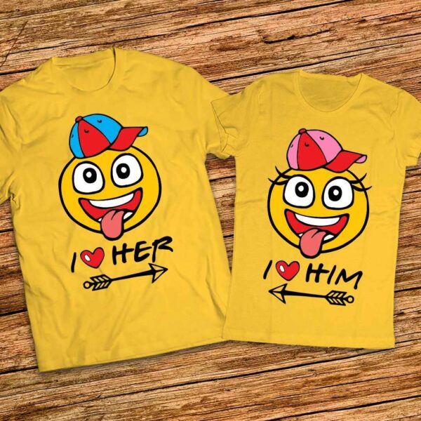 Забавни Тениски за влюбени - I love her - I love him - с емотикони