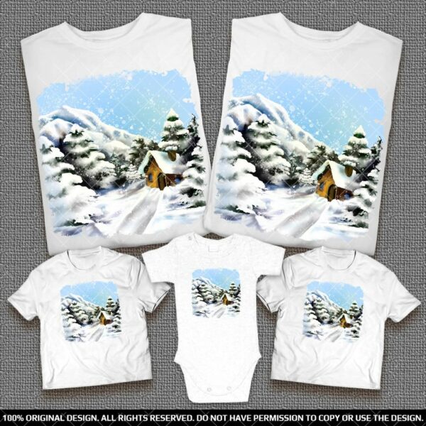 Дизайнерски Семейни тениски със зимен пейзаж