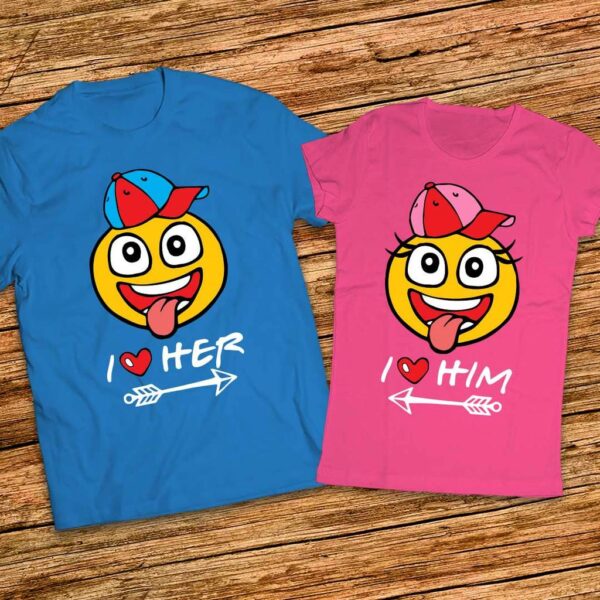 Забавни Тениски за влюбени - I love her - I love him - с емотикони - Image 2