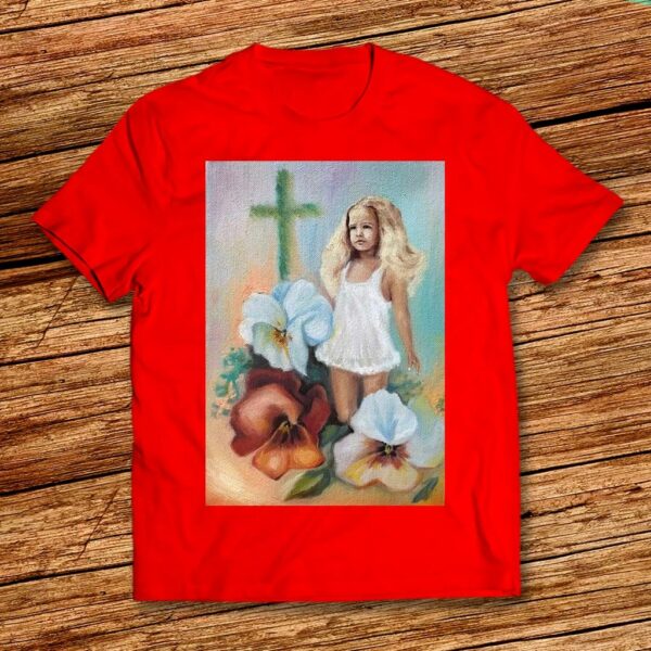Арт Тениска за Великден за жена или момиченце с теменужки, момиченце и кръст