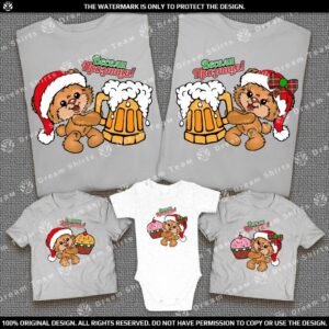 Коледни Семейни тениски и бебешко боди с щампа Мече с Бира и Коледни мъфини