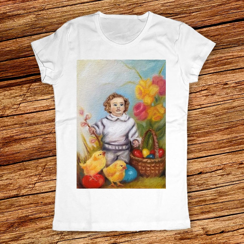 Арт Тениска за Великден за жена или момиченце с цветя, пиленца и великденски яйца