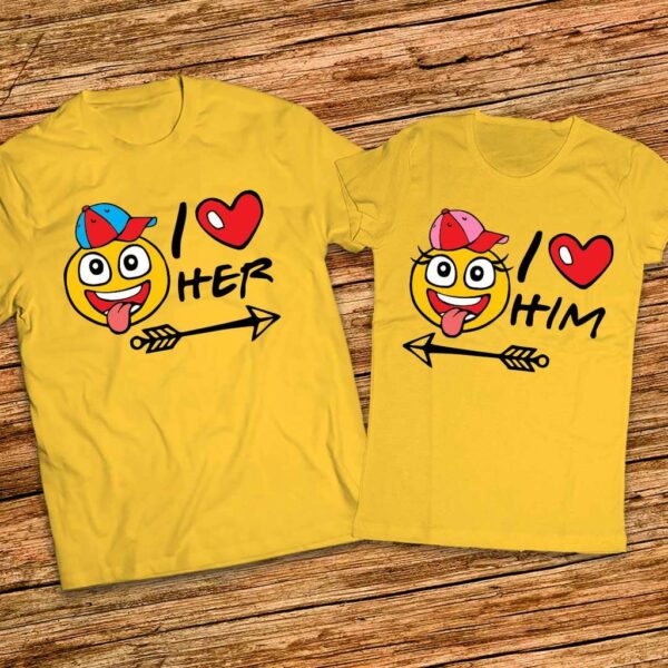 Подарък за влюбени - Тениски I love her - I love him - с емотикони