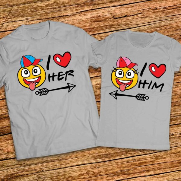 Подарък за влюбени - Тениски I love her - I love him - с емотикони - Image 2