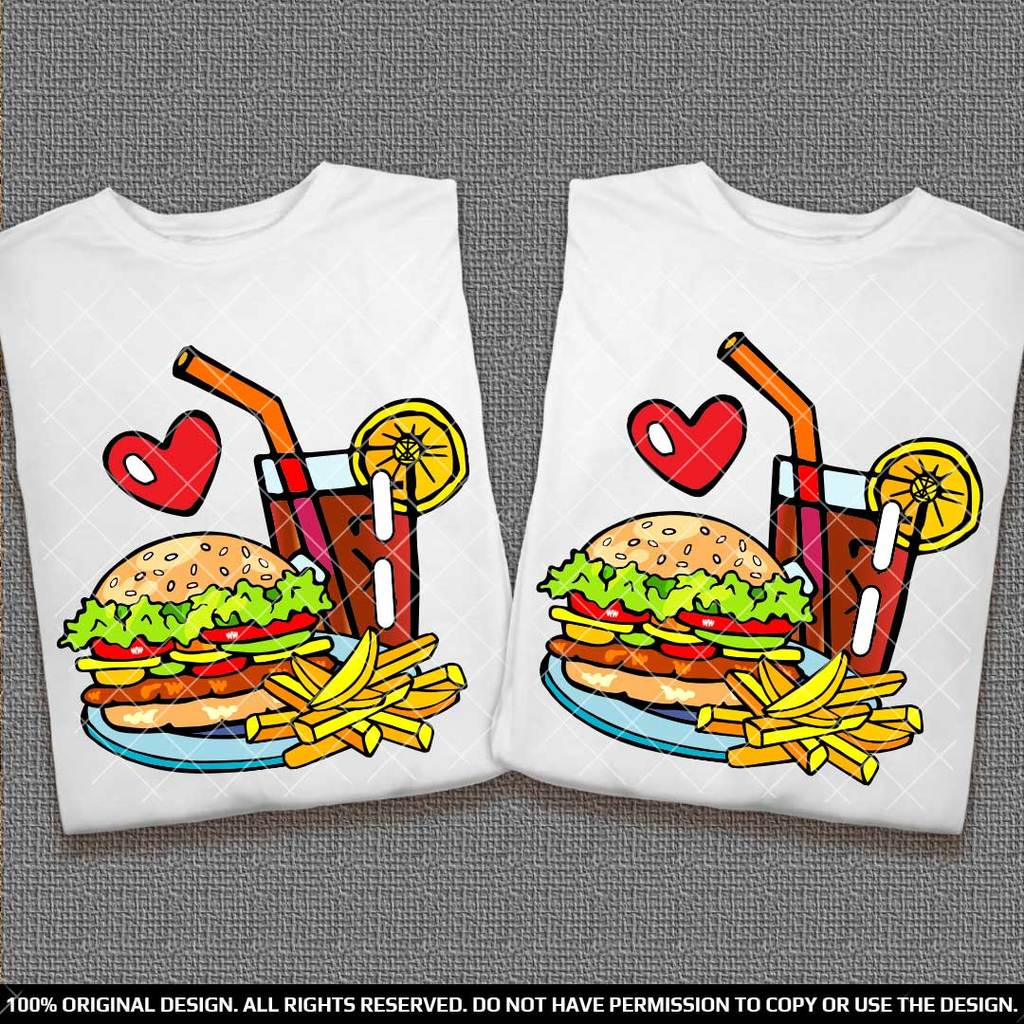 Комплект тениски за Двойки за Лятото с Бургер Пържени Картофки и Кола