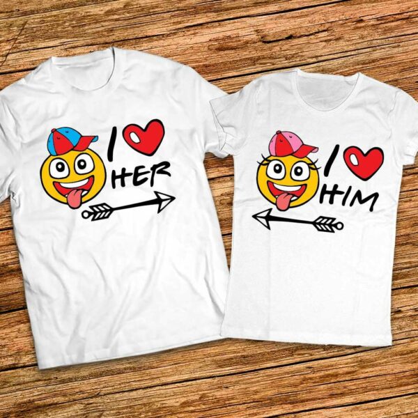 Подарък за влюбени - Тениски I love her - I love him - с емотикони