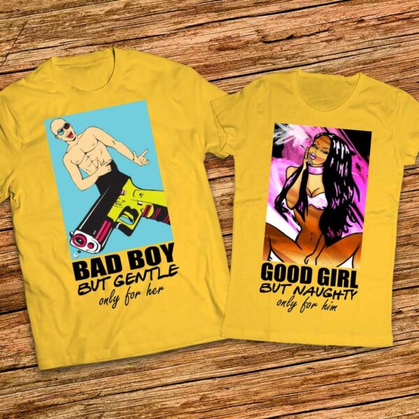 Тениски с щампи за двойки с рисунки и надписи - Лошо момче и Добро момиче