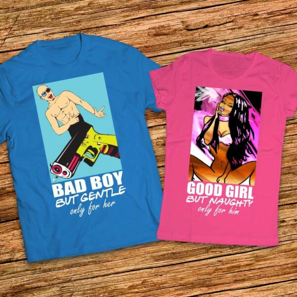 Тениски с щампи за двойки с рисунки и надписи - Лошо момче и Добро момиче