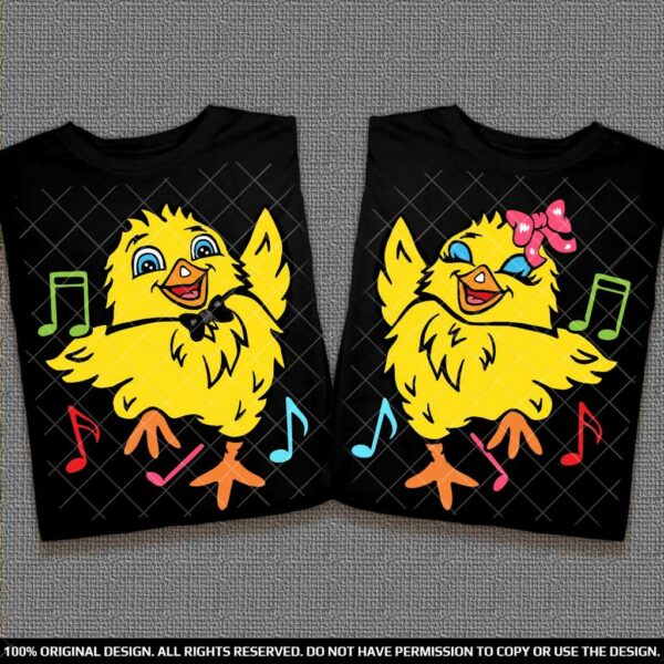 Забавни тениски за двойки с танцуващи пиленца