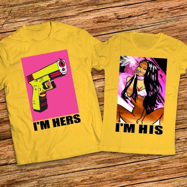 Тениски с щампи за двойки - с Рисунки - Пистолет и брюнетка - I am his - I am hers
