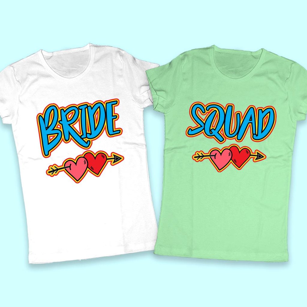 Тениски за Моминско парти с надпис Bride & Squad и стилизирани сърца