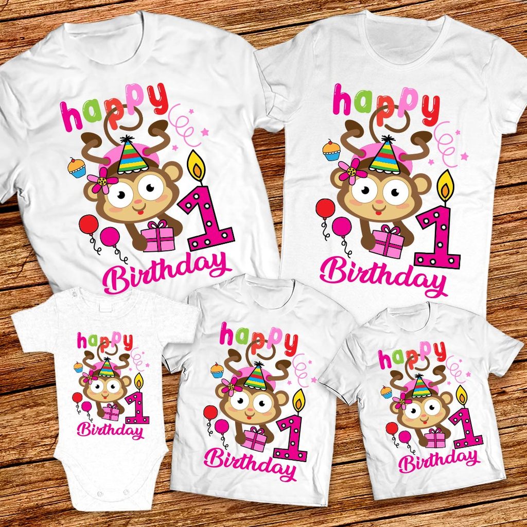 Семейни тениски за рожден ден с маймунка за момиченце, цифра и име по желание