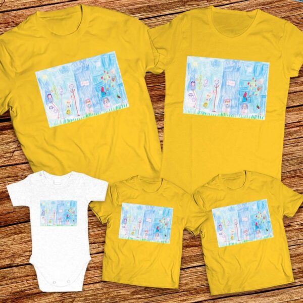 Тениски с щампa с детска рисунка на Емре Мехмед Караалиев, на 4 години от гр. Кричим, общ. Кричим, обл.Пловдив