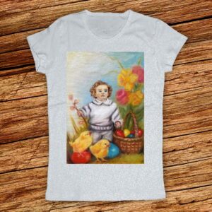 Арт Тениска за Великден за жена или момиченце с цветя, пиленца и великденски яйца