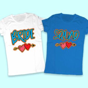 Тениски за Моминско парти с надпис Bride & Squad и стилизирани сърца