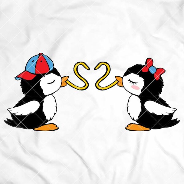 Тениски за него и нея с пингвини, които ядат спагети във формата на сърце