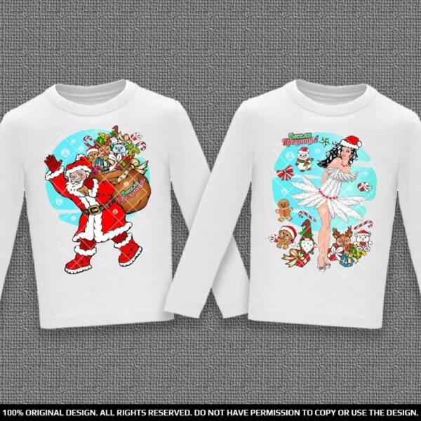 Коледен комплект блузи с дълъг ръкав с Дядо Мраз и Снежанка