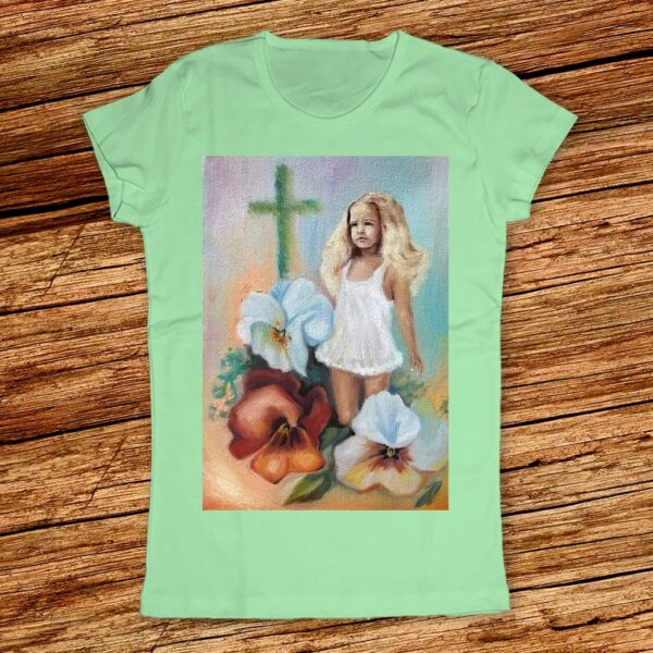 Арт Тениска за Великден за жена или момиченце с теменужки, момиченце и кръст