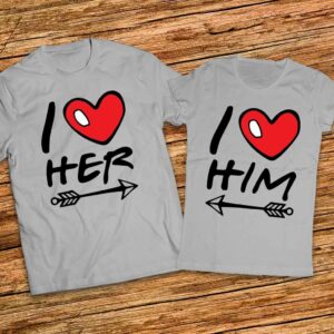Тениски за двама влюбени - I love her - I love him - с емотикони