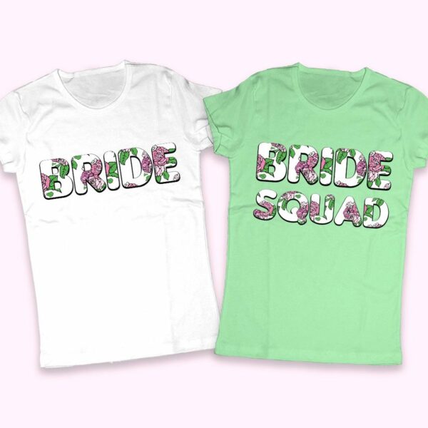 Тениски за Моминско парти с надпис Bride & Bride Squad