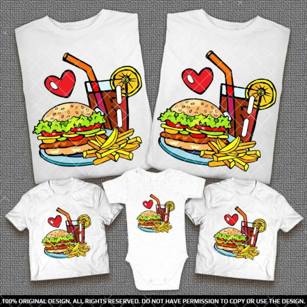 Летен комплект тениски за Семейства и Компании с Бургер Пържени Картофки и Кола