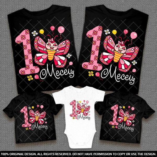 Подарък семейни тениски и бебешко боди за момиченце с пеперудка и цифра на цветенца посочена от вас