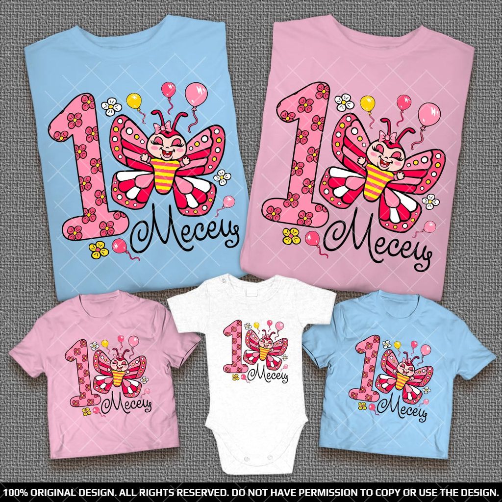Светло-розови и светло-сини семейни тениски и бебешко боди за момиченце с пеперудка и цифра на цветенца посочена от вас