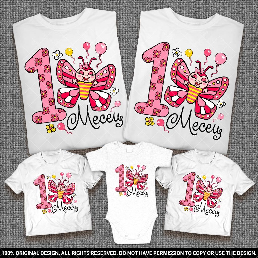 Подарък семейни тениски и бебешко боди за момиченце с пеперудка и цифра на цветенца посочена от вас