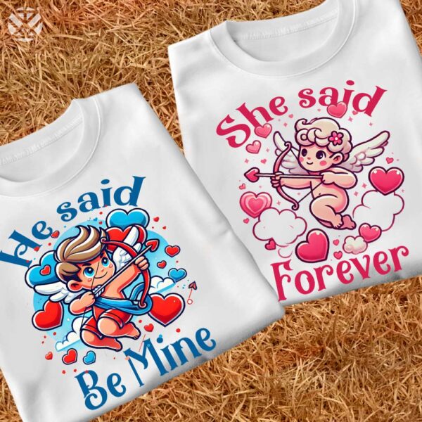 Тениски за двойки He Said Be Mine & She Said Forever с Купидончета - Image 4