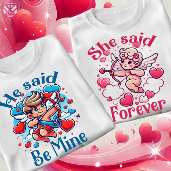 Тениски за двойки He Said Be Mine & She Said Forever с Купидончета