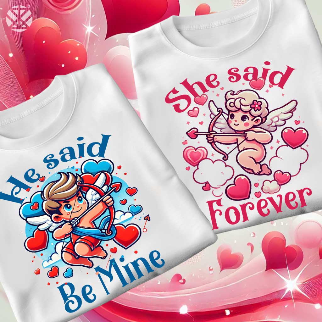 Тениски за двойки He Said Be Mine & She Said Forever с Купидончета