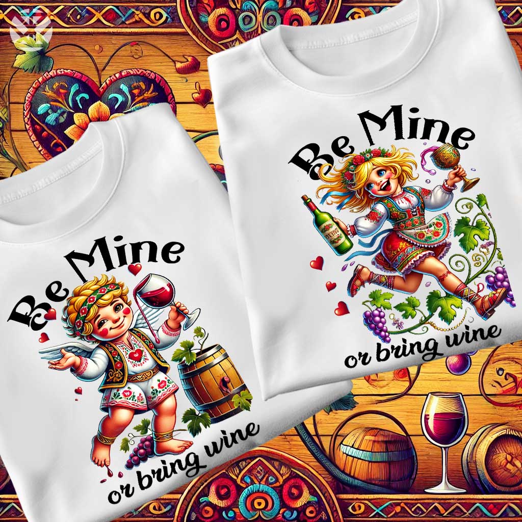Забавни тениски за двойки Be Mine or Bring Wine