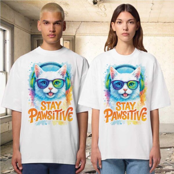 Stay Pawsitive – Unisex OVERSIZED тениска с дизайнерски котешки вайб - Image 6