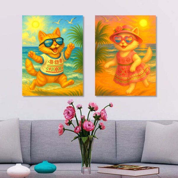 Котки на плажа с български шевици – Комплект от 2 Картини- Канава 30x40 см - Image 6