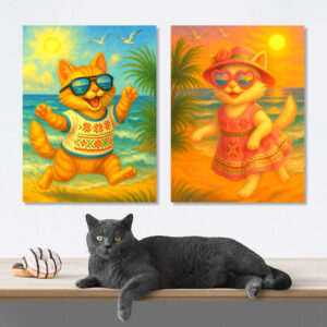 Котки на плажа с български шевици – Комплект от 2 Картини- Канава 30x40 см