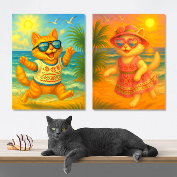 Котки на плажа с български шевици – Комплект от 2 Картини- Канава 30x40 см - Image 2
