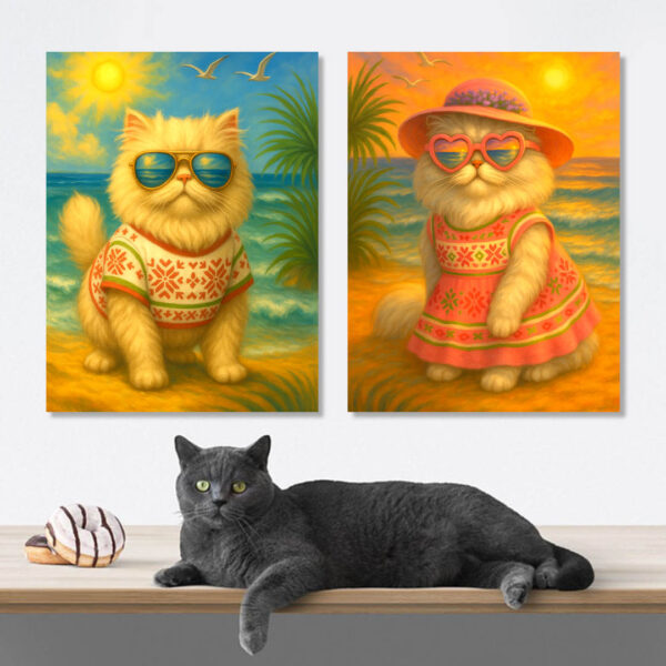 Персийски Котки на Плажа – Комплект от 2 Картини с Етно Стил - Канава 30x40 см - Image 2