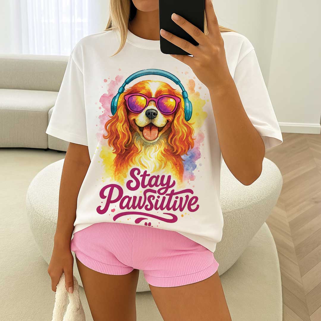 Stay Pawsitive – Unisex OVERSIZED тениска с кавалер шпаньол и глам вайб