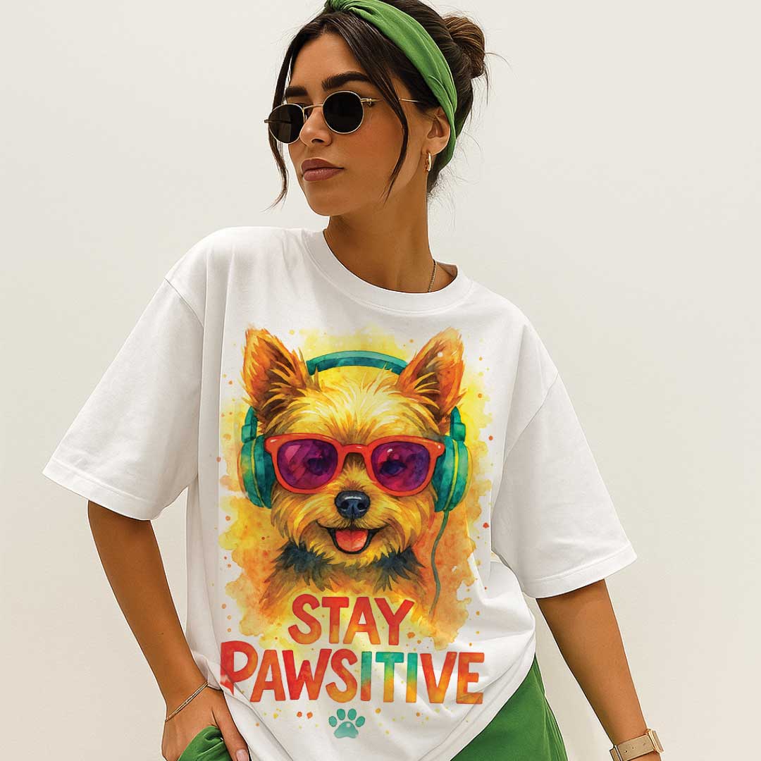 Stay Pawsitive – Unisex OVERSIZED тениска с йоркширски териер и шармантен вайб