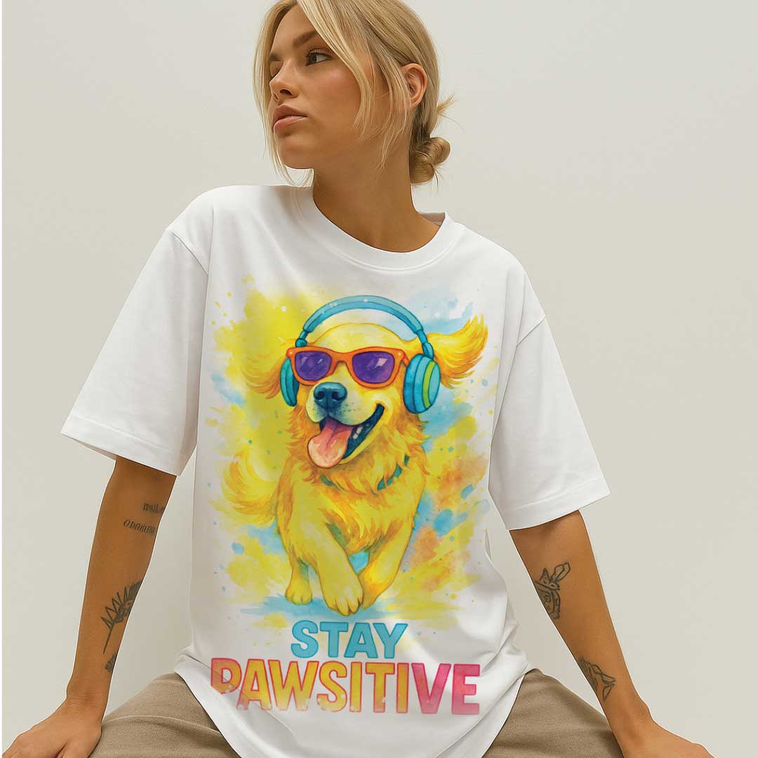 Stay Pawsitive – Unisex OVERSIZED тениска със златен ретривър и слънчево излъчване