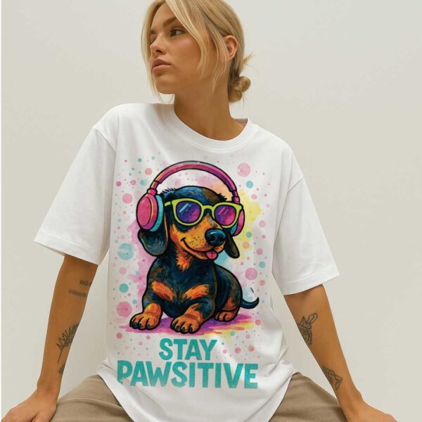 Stay Pawsitive – Unisex OVERSIZED тениска с дакел и поп арт настроение - Image 10