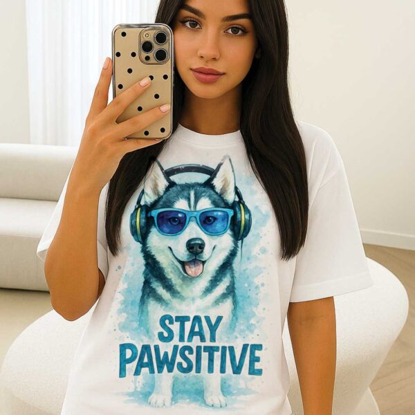 Stay Pawsitive – Unisex OVERSIZED тениска с хъски и ледено излъчване - Image 7