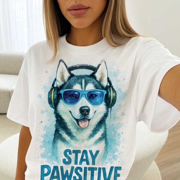 Stay Pawsitive – Unisex OVERSIZED тениска с хъски и ледено излъчване - Image 9