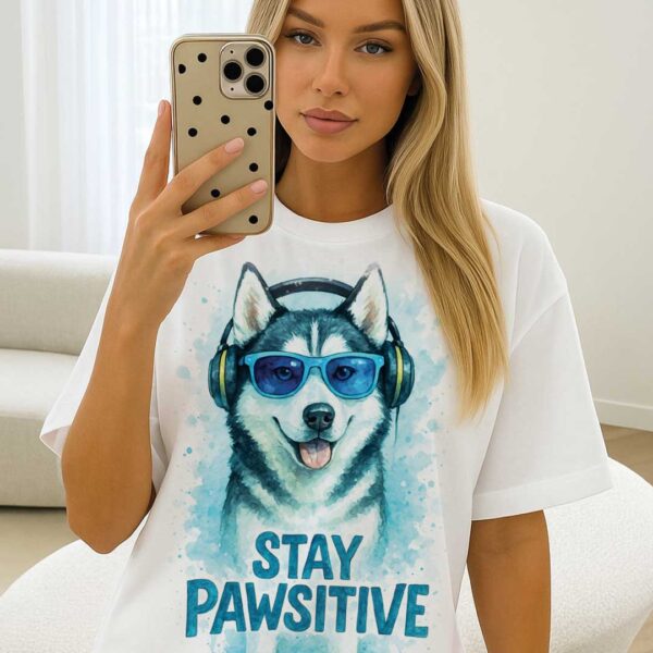 Stay Pawsitive – Unisex OVERSIZED тениска с хъски и ледено излъчване - Image 4