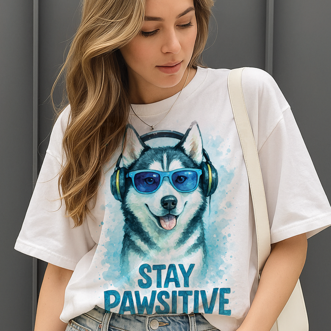 Stay Pawsitive – Unisex OVERSIZED тениска с хъски и ледено излъчване