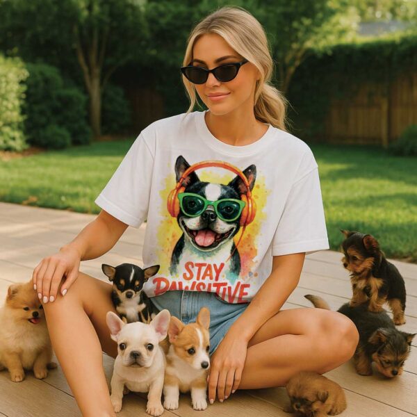 Stay Pawsitive – Unisex OVERSIZED тениска с бостън териер и слънчев вайб - Image 9