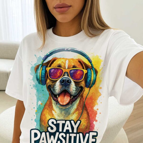 Stay Pawsitive – Unisex OVERSIZED тениска с усмихнат боксер и цветен ритъм